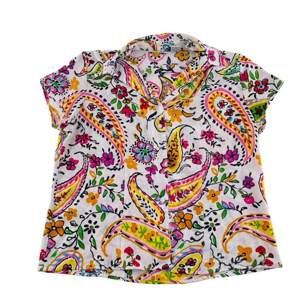 Colorful Floral Paisley Button-Up Shirt By Aparenza Size L‎ 100% Polyester Short